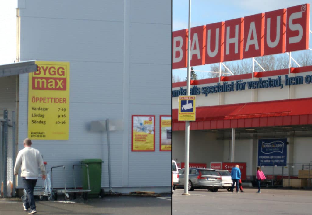 Bild på fasader på Byggmax och Bauhaus.