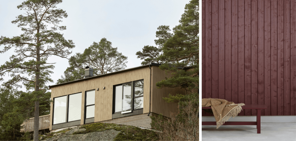 Nya Trebitt Matt Oljelasyr från Jotun Bild tv. Vägg: TREBITT Matt Oljelasyr 9054 Naturligt Åldrad och 90033 Funkissvart. Terrass: JOTUN 9054 Skimmergrå Bild th. Vägg Trebitt 9154 Modern Red Bänk JOTUN 2279