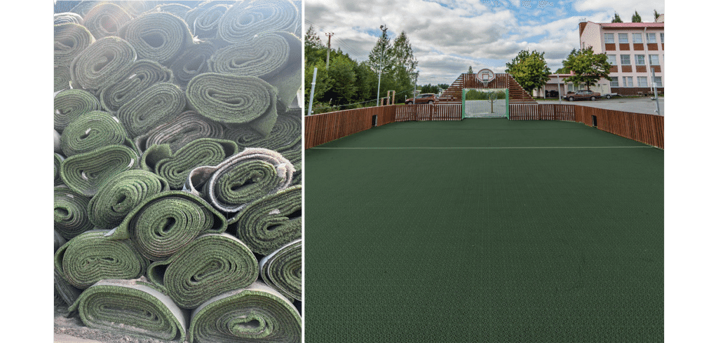 Återvunnet konstgräs blir till sportgolv Bergo har kommit på hur man gör nya golv av utslitna idrottsplaner. Bild Bergo