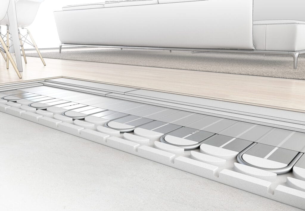 Exempel på förläggning av TECEfloor golvvärmesystem med aluminiumplåtar, PE-RT-rör och EPS-skivor, som även finns i versioner tillverkade enligt massbalansmetoden (BMB)